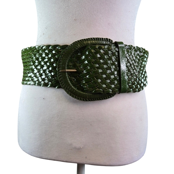 Vtg green leather woven large boho hippie womens belt main image 4